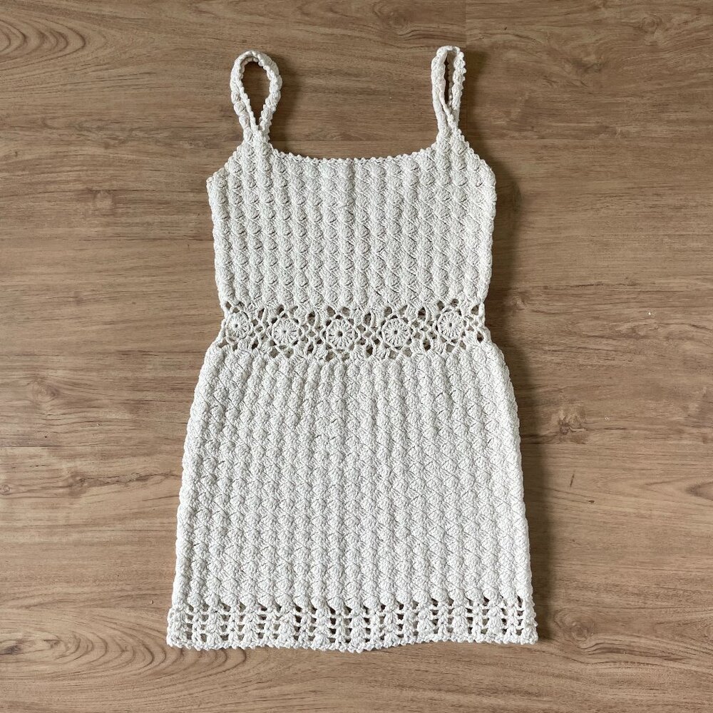 Vintage Hand-Crocheted Mini Sundress | White Crochet Beach Dress - Small